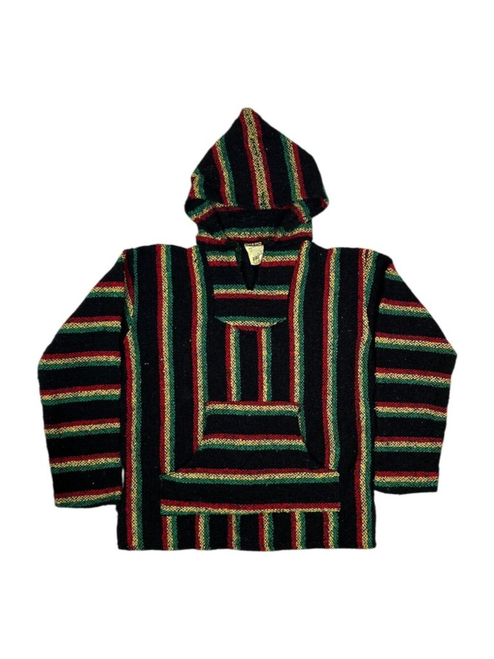 VTG Frank's Baja Hoodie Mens Medium Black Rasta Mexican Poncho Pullover Hippie